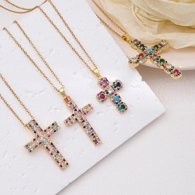 304 Stainless Steel Copper Inlay Cross Zircon Pendant Necklace