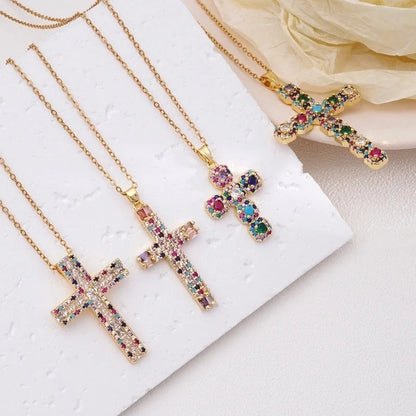 304 Stainless Steel Copper Inlay Cross Zircon Pendant Necklace