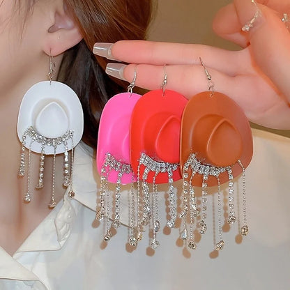 Cowboy Hat Water Drop Diamond Tassel Ear Hook Fashion Personality Creative Long Eardrop Hot Girl Sweet Cool Wind Earrings