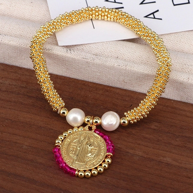 Copper 18K Gold Plated Handmade Pearl Human Round Virgin Mary Crystal Bracelets