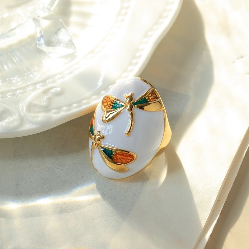 IG Style Casual Oval Dragonfly 304 Stainless Steel 14K Gold Plated Enamel Rings