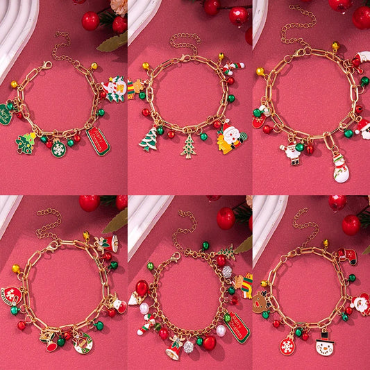 Christmas Bracelet For Women Cute Cartoon Holiday Bell Pearl Snowflake Reindeer Pendant Alloy Jewelry