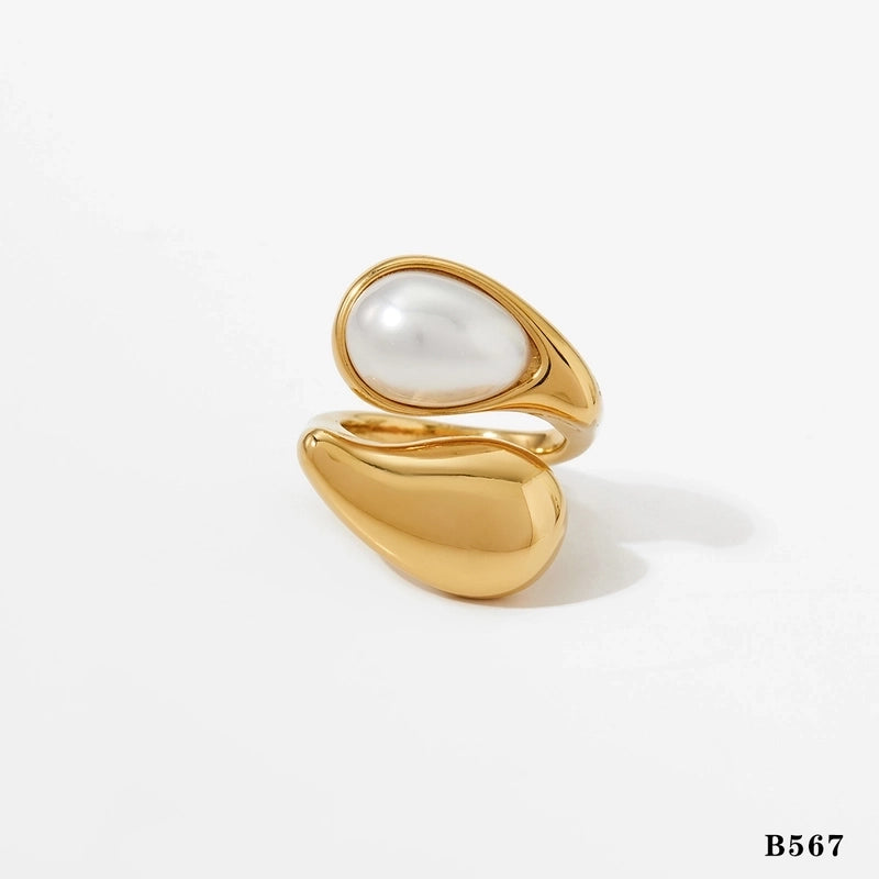Modern Style Artistic Geometric 316 Stainless Steel Pearl Tiger Eye 16K Gold Plated White Gold Plated Gold Plated Open Rings