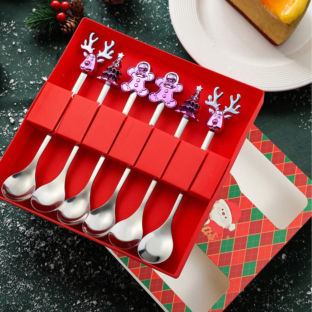 J Christmas Spoon Set Cartoon Colorful Santa Claus Christmas Tree Spoon Fork Coffee Dessert Spoon Gift Box