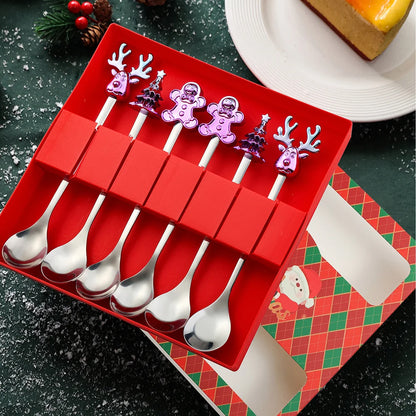 J Christmas Spoon Set Cartoon Colorful Santa Claus Christmas Tree Spoon Fork Coffee Dessert Spoon Gift Box