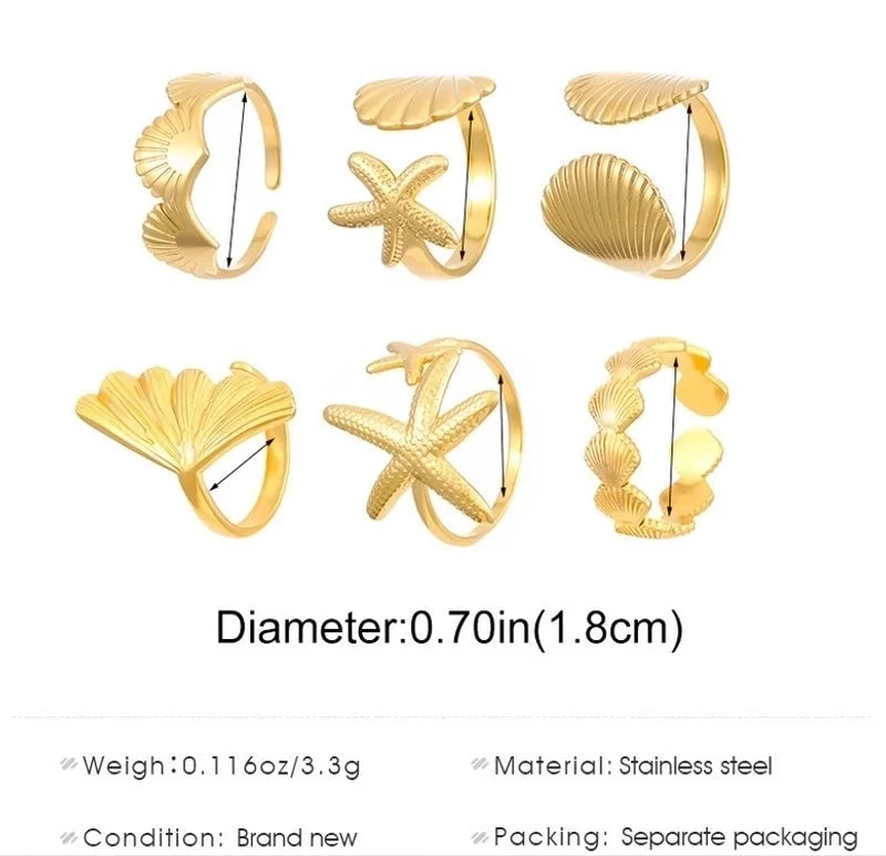 Modern Style Classic Style Leaf Starfish Shell 304 Stainless Steel Plating Open Rings