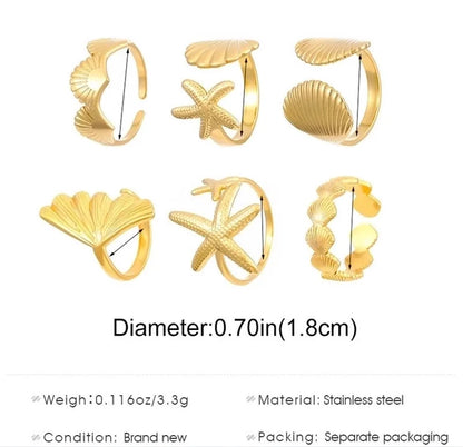Modern Style Classic Style Leaf Starfish Shell 304 Stainless Steel Plating Open Rings