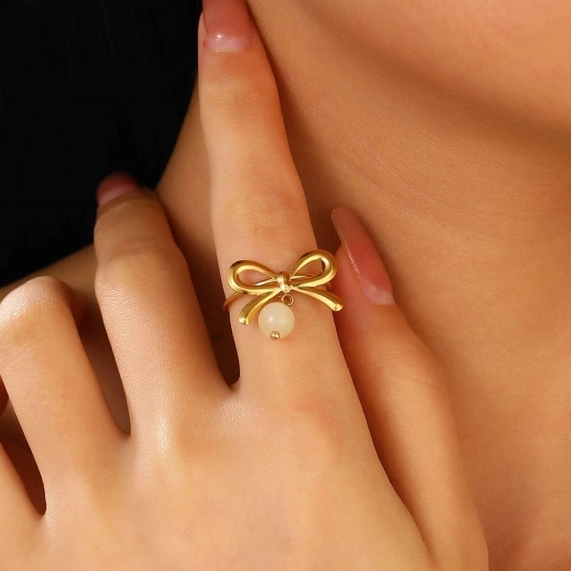 Sweet Minimalist Cherry Bow Knot 304 Stainless Steel Rings Earrings