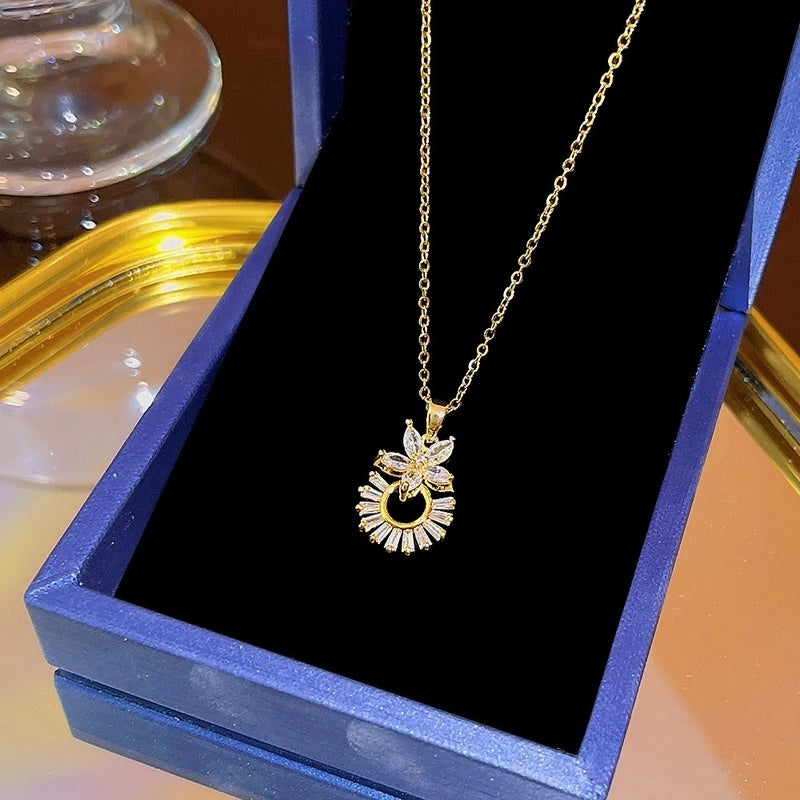 Elegant Classic Style Geometric Moon Bow Knot Titanium Steel Zircon Pendant Necklace