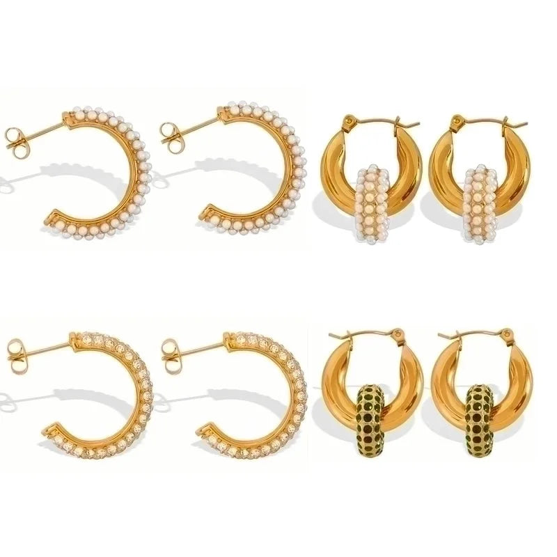 1 Pair Vintage Style C Shape Circle Inlay 304 Stainless Steel Titanium Steel Zircon 18K Gold Plated Earrings Ear Studs