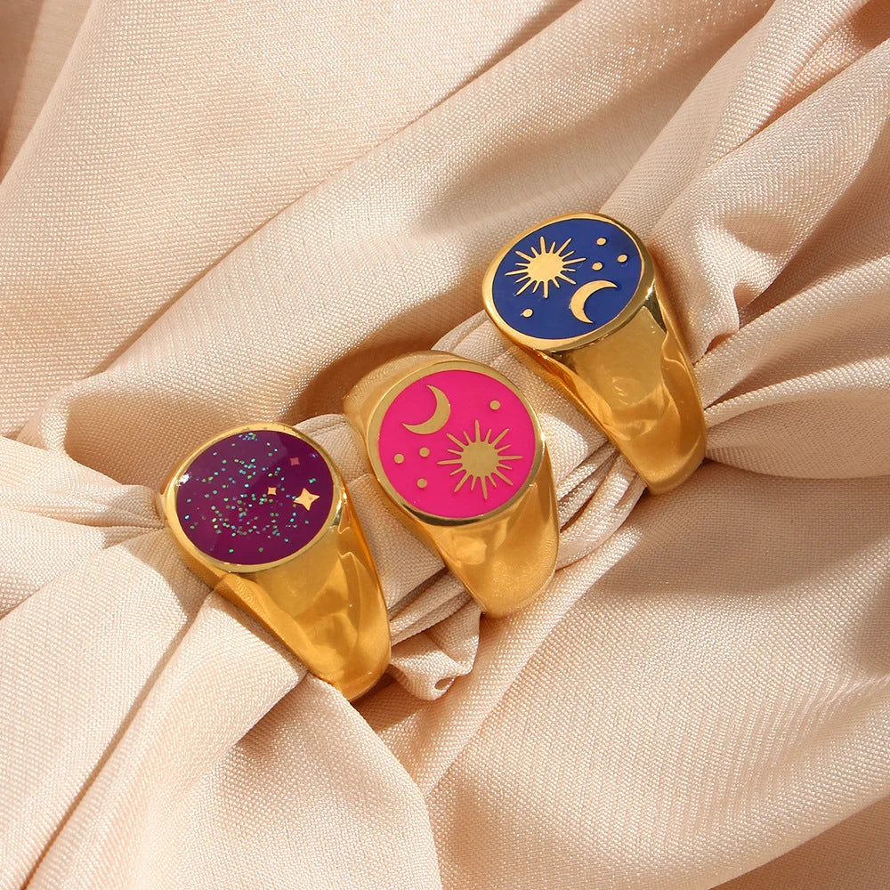 Women Fashion Sun Star Moon Geometric Stainless Steel 18K Gold Plated Rings