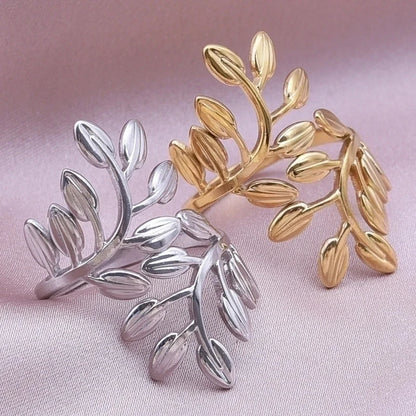 Elegant Minimalist Leaf 304 Stainless Steel 18K Gold Plated Plating Open Rings