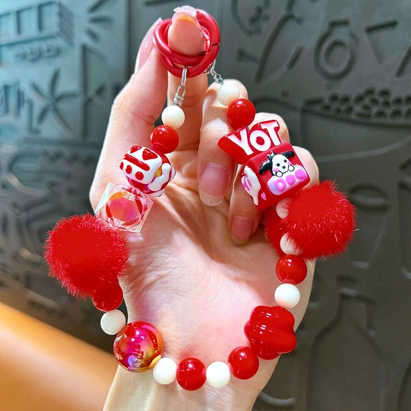 Creative Hand-painted Beads Plush Beaded Mobile Phone Chain Keychain Bag Hanging Headphone Bag Mobile Phone Case Accessories Beaded Chain