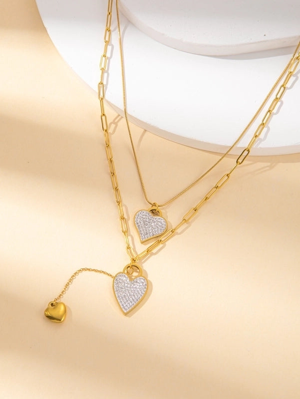 IG Style Minimalist Heart Shape Titanium Steel Shell Zircon Inlay Earrings Necklace