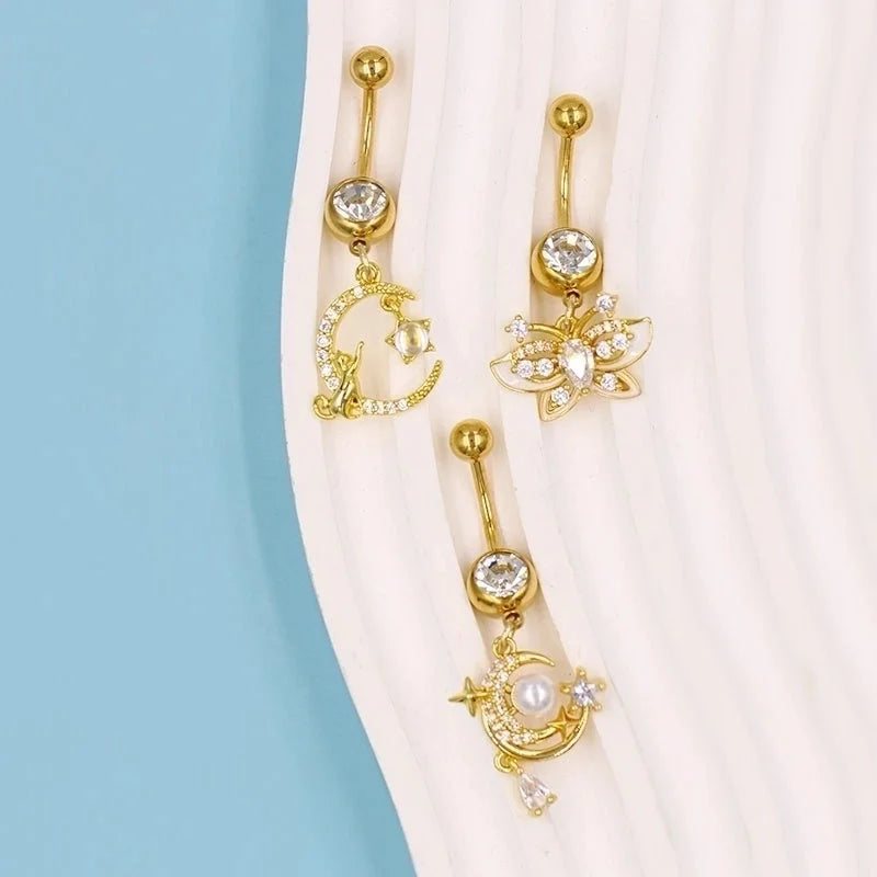 1 Piece Belly Rings Sexy Classic Style Star Heart Shape Butterfly 316L Stainless Steel Alloy Inlay Resin Rhinestones Glass Gold Plated