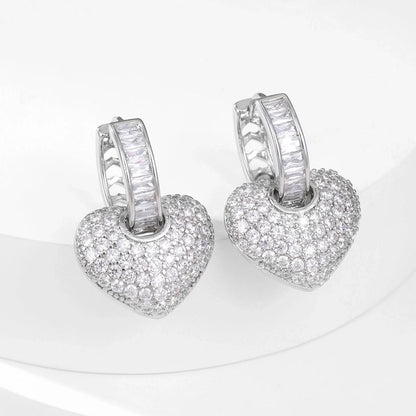 1 Pair Glam Shiny Heart Shape Copper Zircon K Gold Plated Drop Earrings