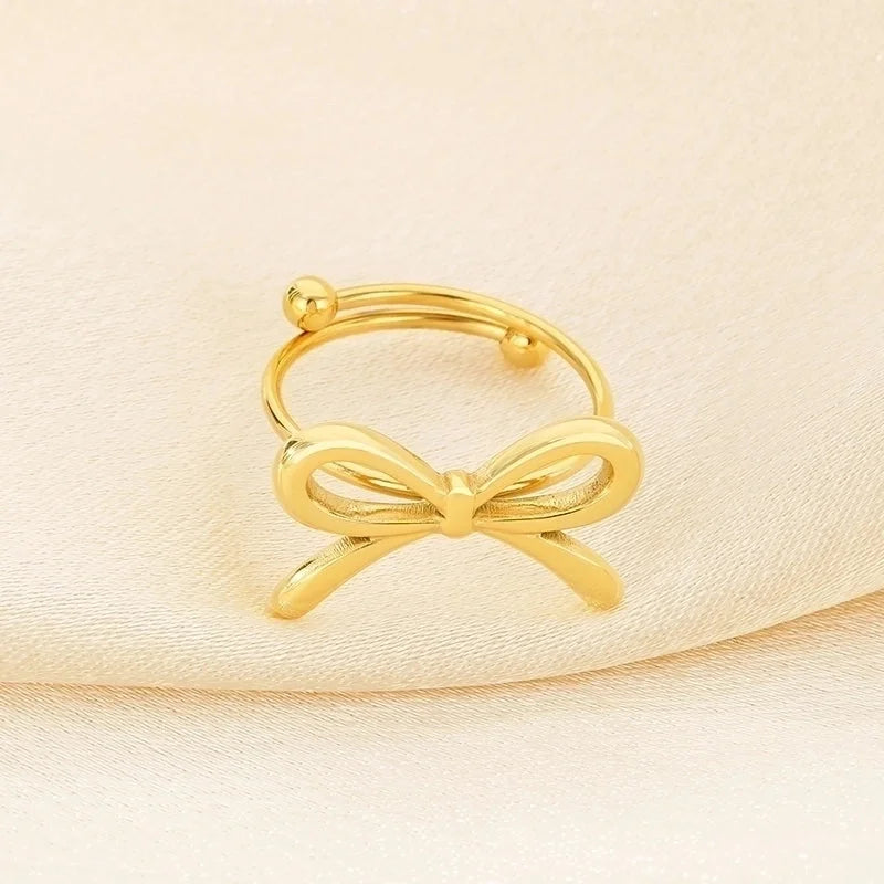 Vintage Style Heart Shape Bow Knot 304 Stainless Steel 18K Gold Plated Open Rings