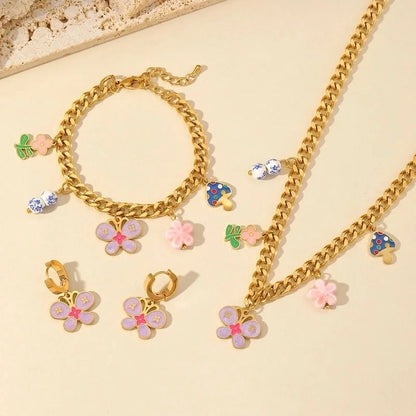 Cute Sweet Flower Mushroom Butterfly 304 Stainless Steel 18K Gold Plated Enamel Plating Multi Charms Necklace Bracelets Earrings