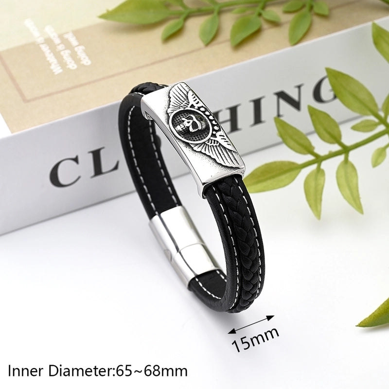 Casual Modern Style Minimalist Totem Solid Color Skull 304 Stainless Steel Genuine Cowhide Handmade Polishing Gold Plated Halloween Men's Wristband