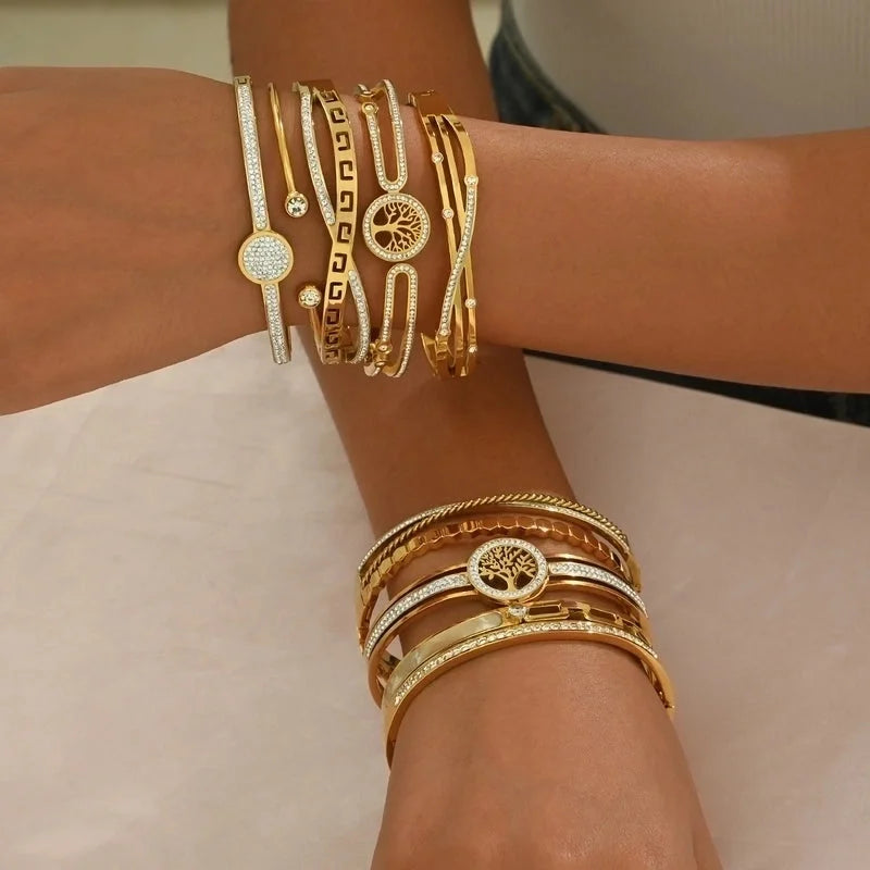 Luxurious French Style Life Tree 304 Stainless Steel 14K Gold Plated Rhinestones Bangle In Bulk