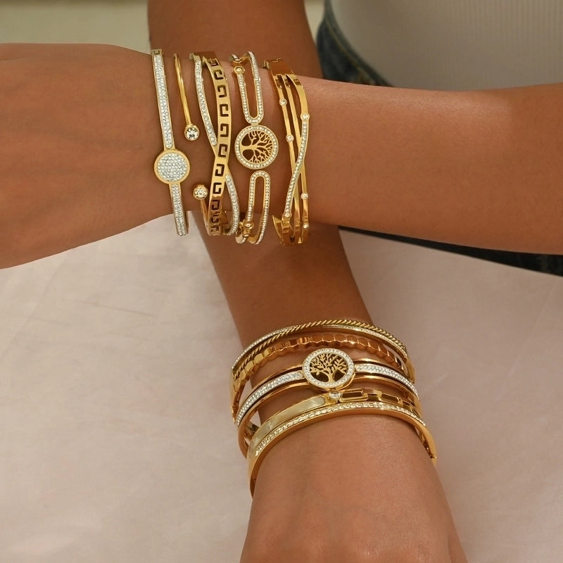 Luxurious French Style Life Tree 304 Stainless Steel 14K Gold Plated Rhinestones Bangle In Bulk