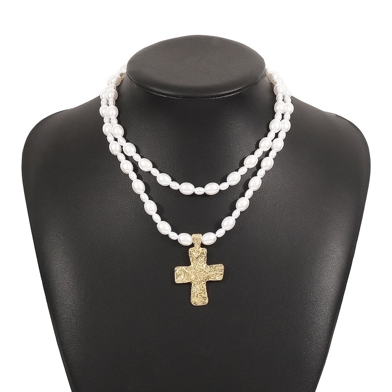 Elegant Glam Streetwear Cross Imitation Pearl Alloy Double Layer Necklaces