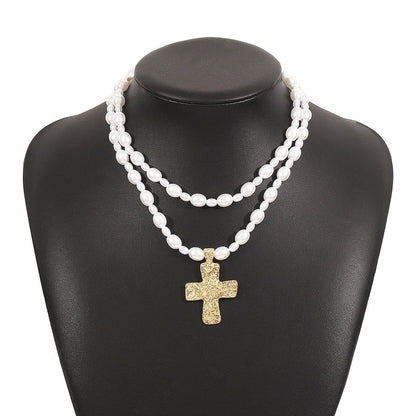 Elegant Glam Streetwear Cross Imitation Pearl Alloy Double Layer Necklaces