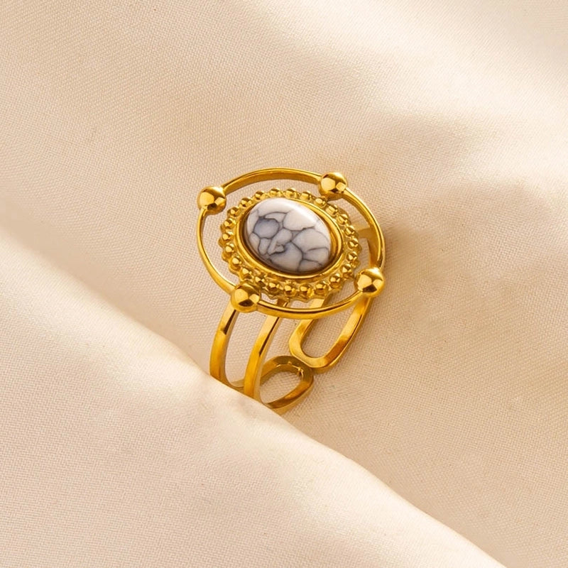 5 Pieces 304 Stainless Steel Retro Inlay Oval Artificial Gemstones Rings