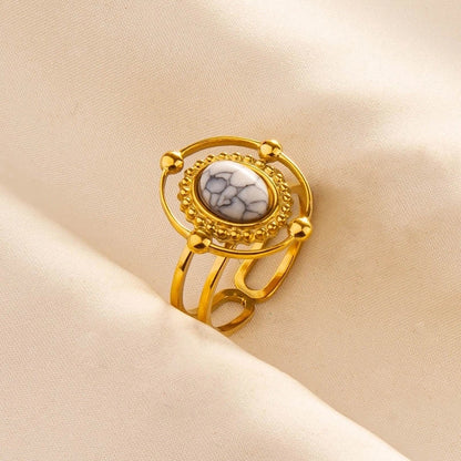 5 Pieces 304 Stainless Steel Retro Inlay Oval Artificial Gemstones Rings