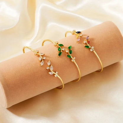 Copper K Gold Plated Shiny Metallic Inlay Geometric Leaf Zircon Bangle