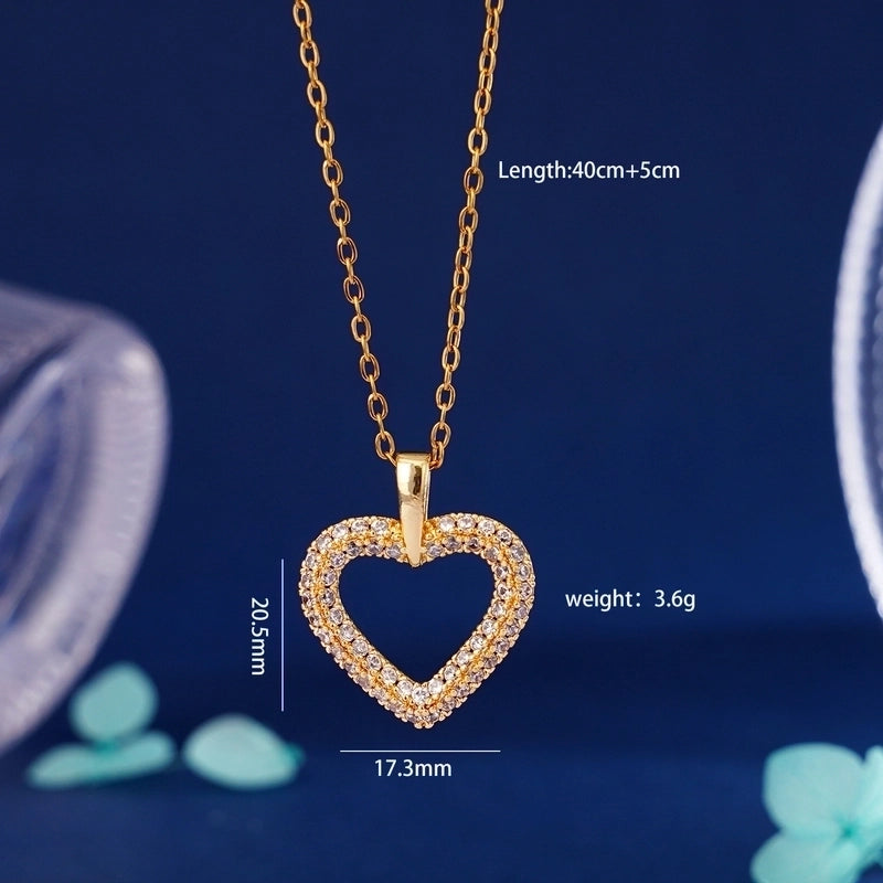 304 Stainless Steel Copper Inlay Heart Shape Zircon Pendant Necklace