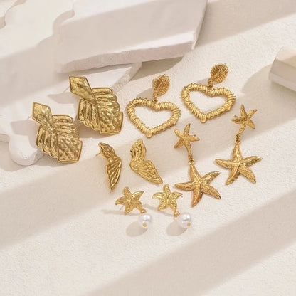 1 Pair Elegant Sweet Starfish Heart Shape Butterfly Inlay 201 Stainless Steel Pearl Stainless Steel Earrings