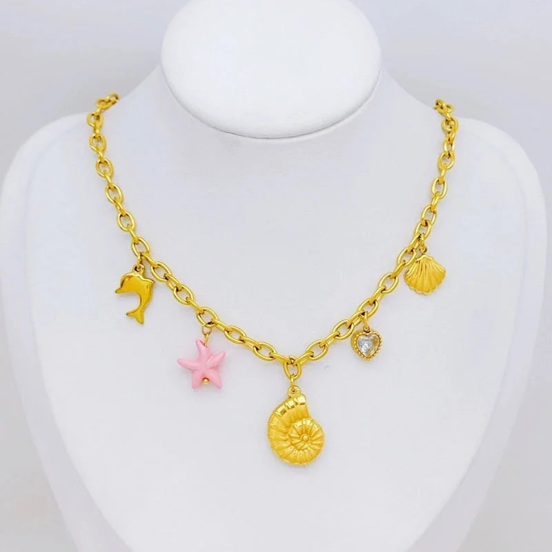 Casual Marine Style Starfish Conch Dolphin Titanium Steel Zircon Pearl Plating Inlay Multi Charms Necklace