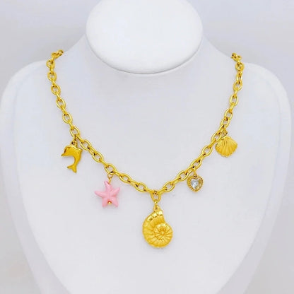 Casual Marine Style Starfish Conch Dolphin Titanium Steel Zircon Pearl Plating Inlay Multi Charms Necklace