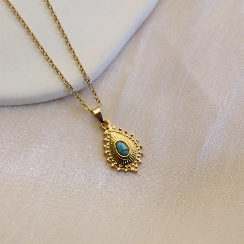 304 Stainless Steel 18K Gold Plated Minimalist Plating Inlay Sun Water Droplets Eye Natural Stone Pendant Necklace
