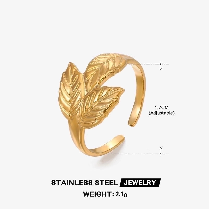 304 Stainless Steel 18K Gold Plated Minimalist Plating Leaf Open Ring