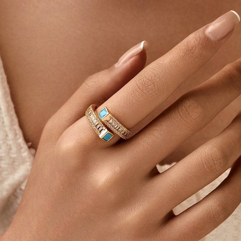 Copper 18K Gold Plated Inlay Semicircle Round Petal Zircon Open Rings