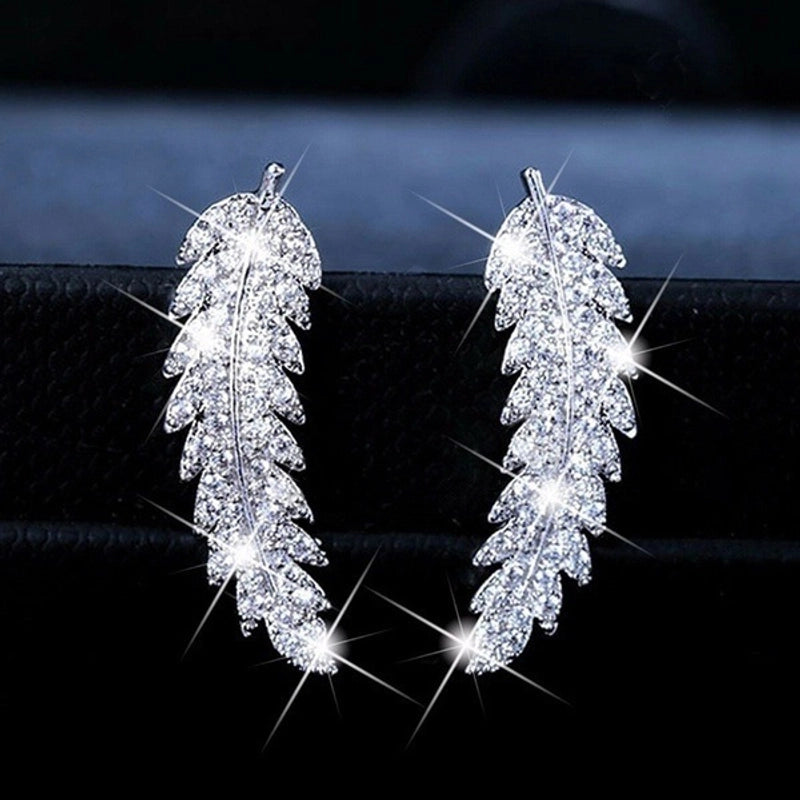 Fashion Inlaid Zircon Leaf Shaped Copper Earrings
