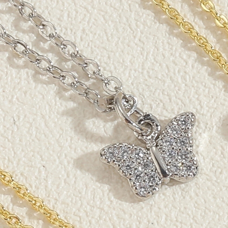 Minimalist Butterfly Copper Plating Chain Zircon 14k Gold Plated Pendant Necklace
