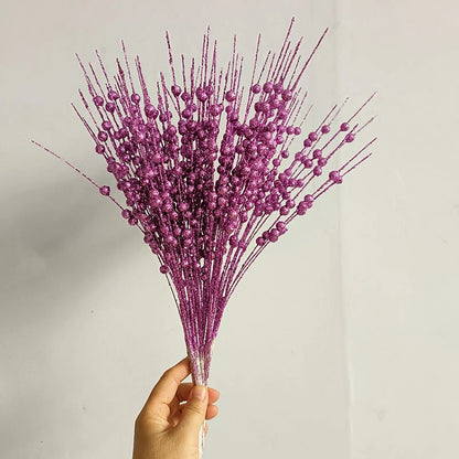 Christmas Decorations 43cm 12 Fork Gold Powder Ball Christmas Tree Garland Rattan Sequins Simulation Berry Branches Bundle