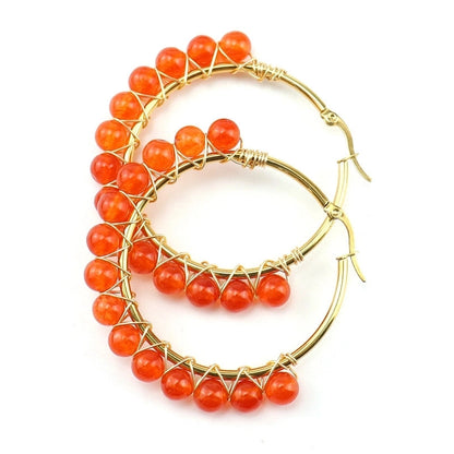 1 Pair Retro Minimalist Round Beaded Plating Natural Stone Copper Hoop Earrings