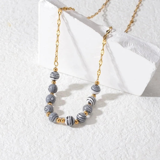 304 Stainless Steel 18K Gold Plated Classic Style Beaded Plating Round Natural Stone Necklace