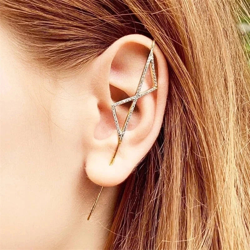 2 Pieces Trendy Zircon Ear Hook Piercing Ear Pin Female Net Red Personality Design Surrounding Ear Bone Clip Oblique Line Earrings