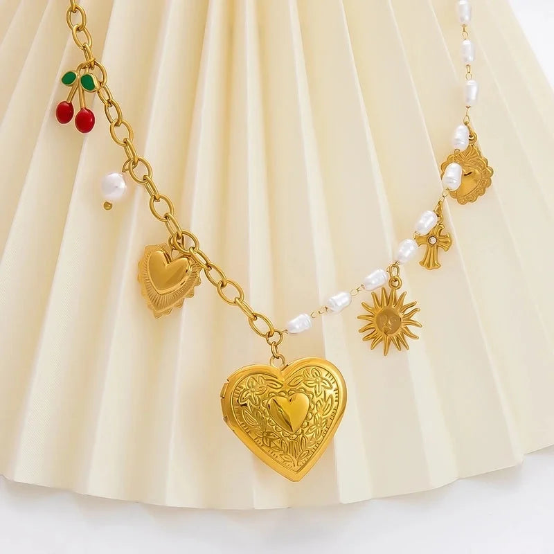IG Style Sweet Heart Shape Flower Butterfly 304 Stainless Steel 18K Gold Plated Pearl Bracelets Necklace