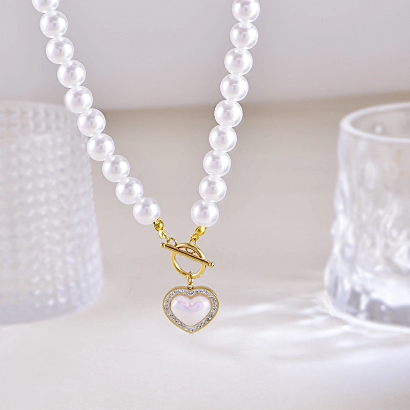 Sweet Minimalist Heart Shape Bow Knot Pearl Zircon Imitation Pearl Titanium Steel Necklace