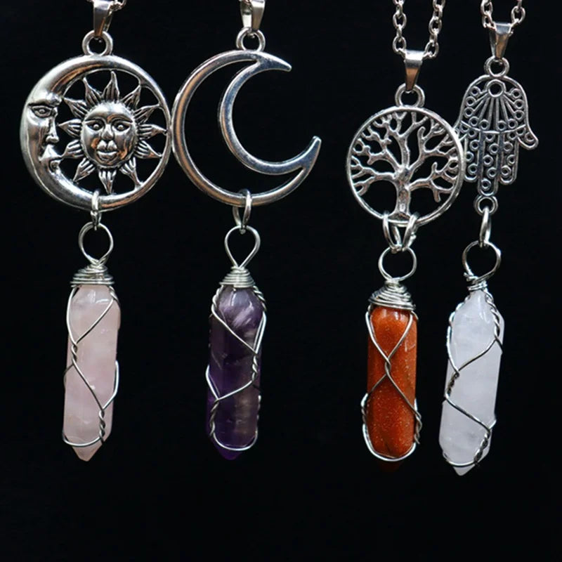 Casual Retro Sun Moon Tree Alloy Natural Stone Crystal Pendant Necklace In Bulk