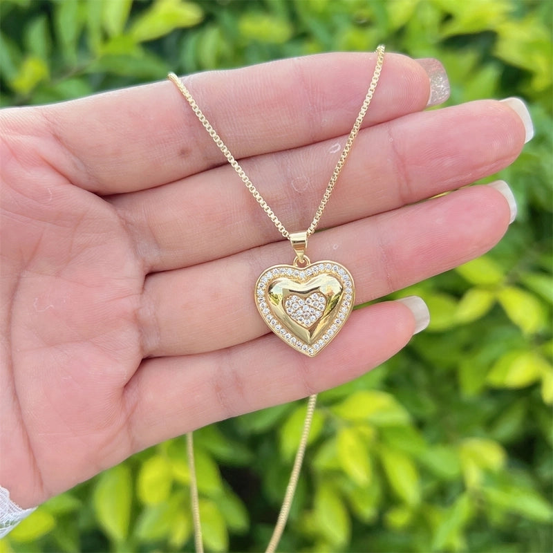 2 Pieces Elegant Heart Shape Bow Knot Copper Zircon Pendant Necklace