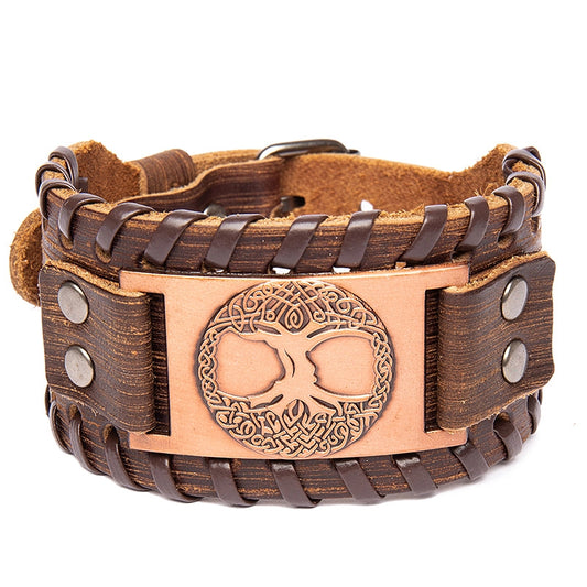 Accessories Lucky Tree Metal Bracelet Viking Totem Woven Leather Bracelet Punk Men's Wide Leather Bracelet