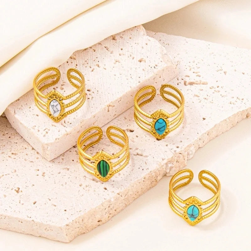 304 Stainless Steel 18K Gold Plated Elegant Lady Streetwear Inlay Geometric Water Droplets Artificial Gemstones Imitating Stone Open Rings