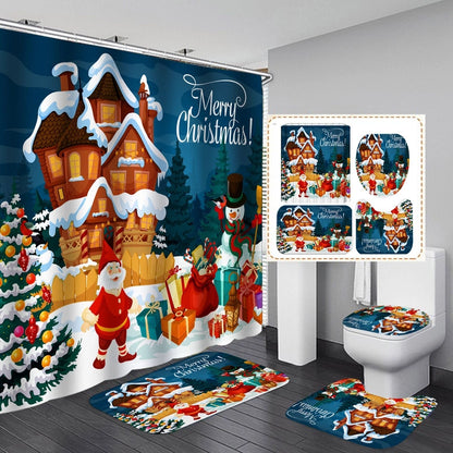 Cute Classic Style Christmas House Santa Claus Snowman Polyester Shower Curtain Bathing
